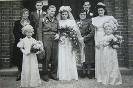 Photo:Arthur Brown and Phyllis Cox wedding at St. Peter's Church. From L to R Nan Brown, Art, Arthur, Phyllis, Nan Cox and Grandad Pops.