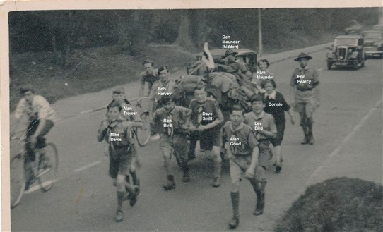 Photo:5th Morden Scouts Hiking from Reigate Fort in 1952 were Mike Davis, Alan Good, Ron Bird, Les Bird, Alan Trower, Dave Smith, Connie, Bob Harvey, Eric Pearcy. Pam Maunder and Dan Maunder