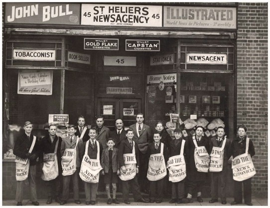 Photo:St. Helier Newsagents and their newspaper boys. 1947