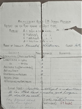 Photo:Malmesbury school report 1938