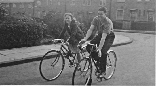 Photo:Kathleen Millington and friend cycling in Bodmin Grove c. 1949.