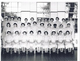 Photo:St. Helier Hospital Nurses Training School October 1958. Maureen Arnold 2nd left at the back.